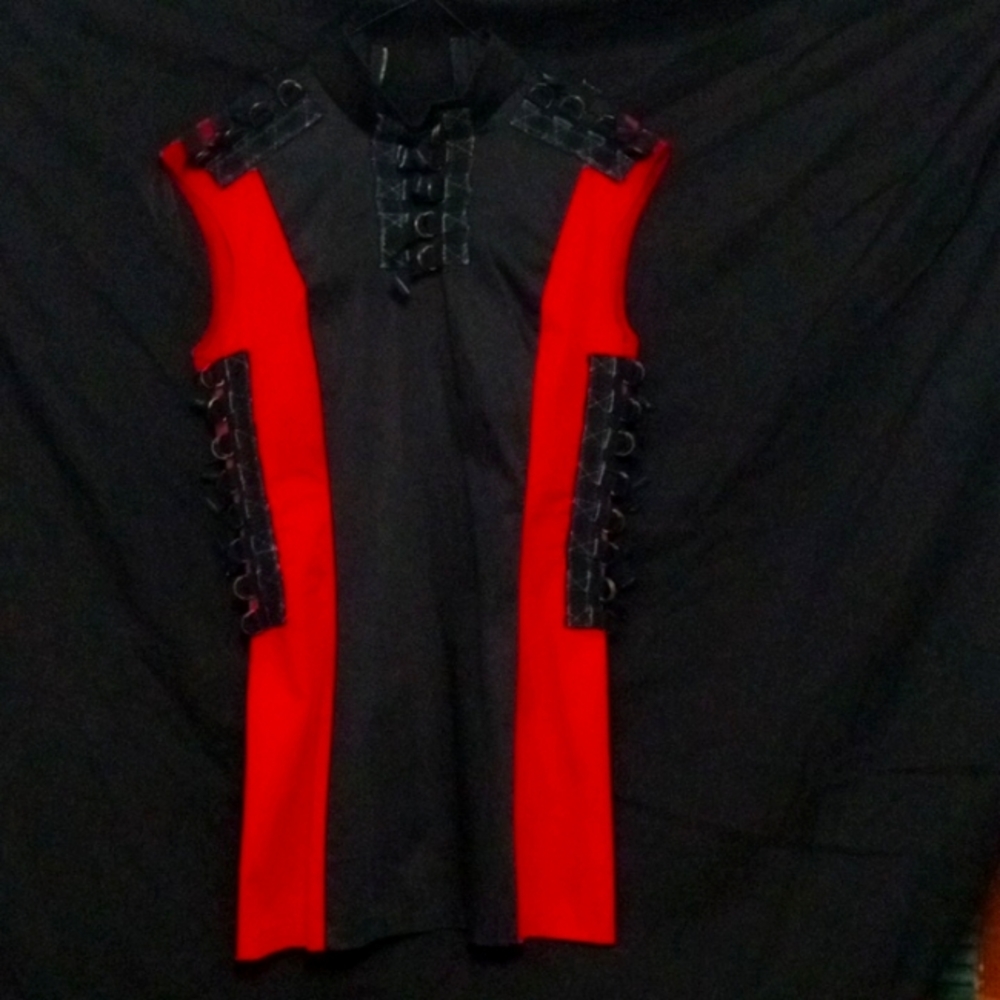 Vintage 1990s Asian Goth inspired size LG bondage black/ red buckle mini dress